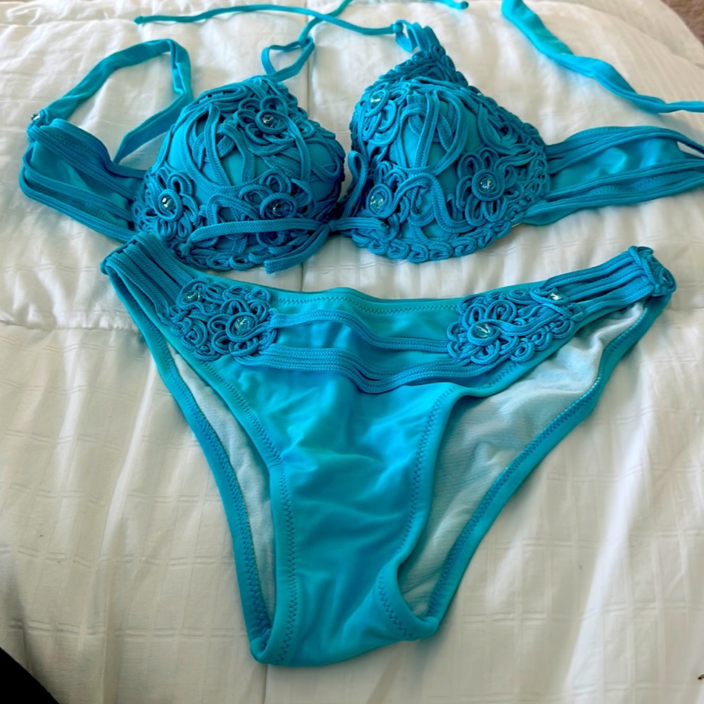 Bathing suit bikini set size 1 made in Spain color aqua with clear crystals new.